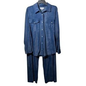 PJ Salvage Blue Plush Button Up Pajama Set XL Soft‎ Lounge Top & Pants Cozy